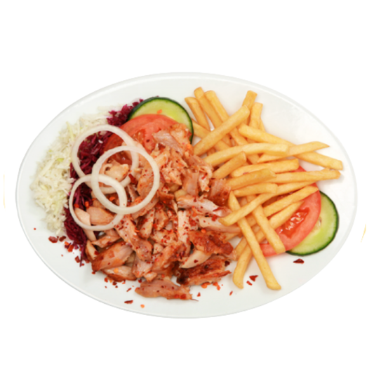 PLATO KEBAB (ternera, pollo o mixto) (ensalada, patatas, arroz y carne)