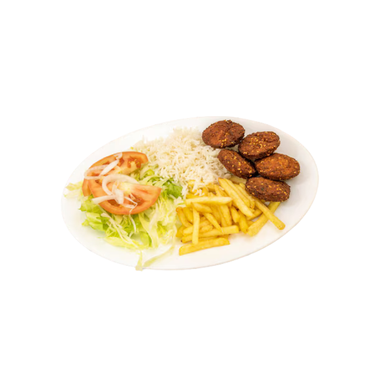 PLATO KEBAB ESPECIAL (Dernera, pollo o mixto) (Batatas, arroz, falafel y queso)